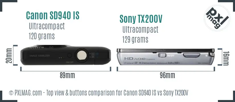 Canon SD940 IS vs Sony TX200V top view buttons comparison