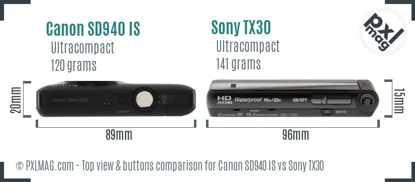 Canon SD940 IS vs Sony TX30 top view buttons comparison