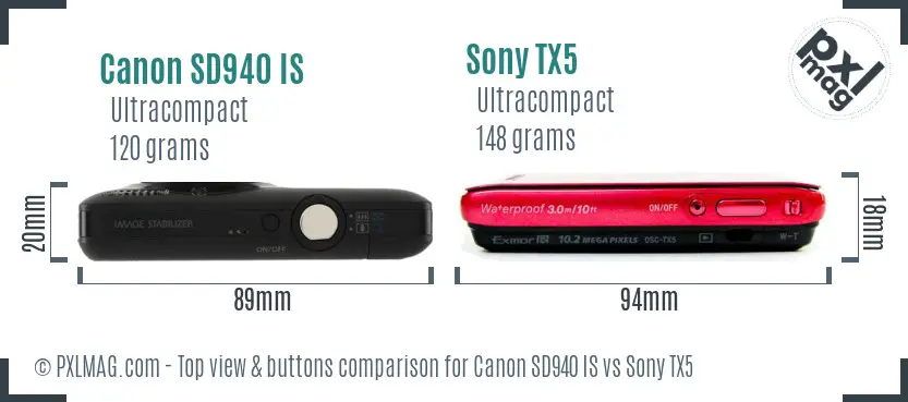 Canon SD940 IS vs Sony TX5 top view buttons comparison