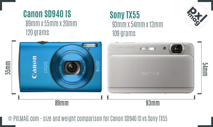 Canon SD940 IS vs Sony TX55 size comparison