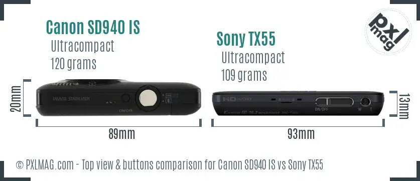 Canon SD940 IS vs Sony TX55 top view buttons comparison