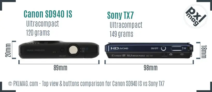 Canon SD940 IS vs Sony TX7 top view buttons comparison Canon SD940 IS vs Sony TX7 top view buttons comparison