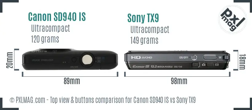 Canon SD940 IS vs Sony TX9 top view buttons comparison
