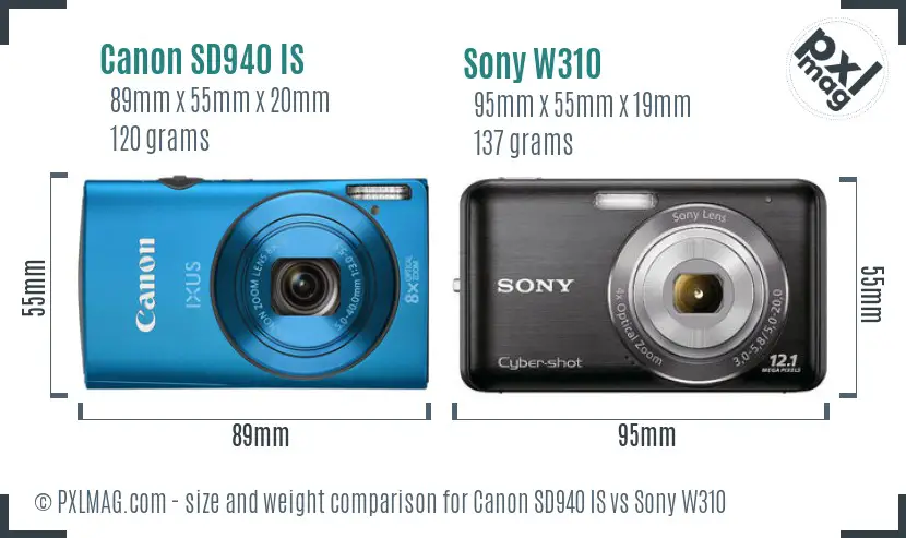 Canon SD940 IS vs Sony W310 size comparison