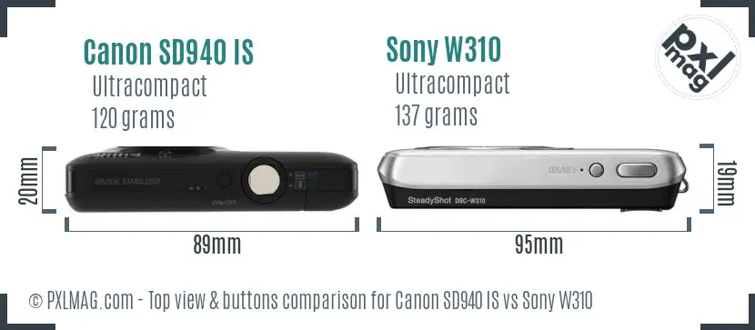 Canon SD940 IS vs Sony W310 top view buttons comparison