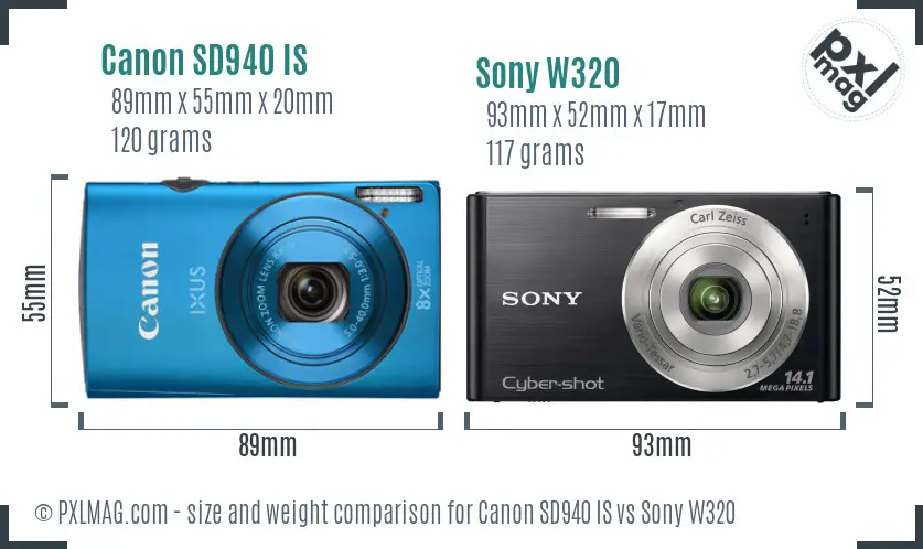 Canon SD940 IS vs Sony W320 size comparison