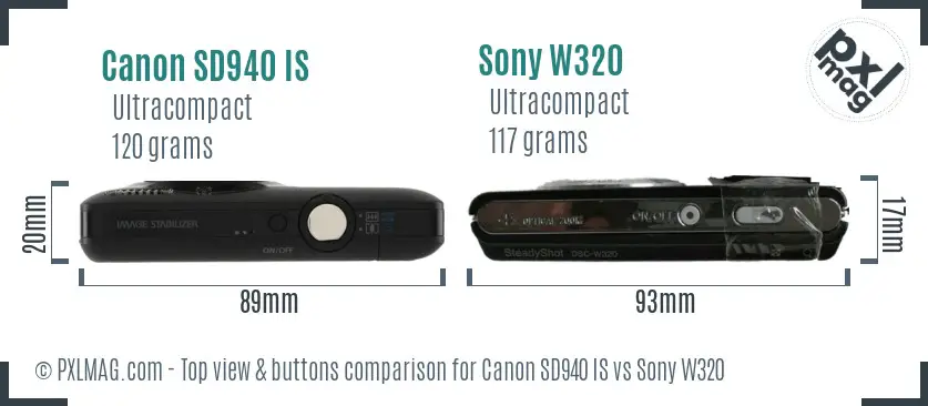 Canon SD940 IS vs Sony W320 top view buttons comparison