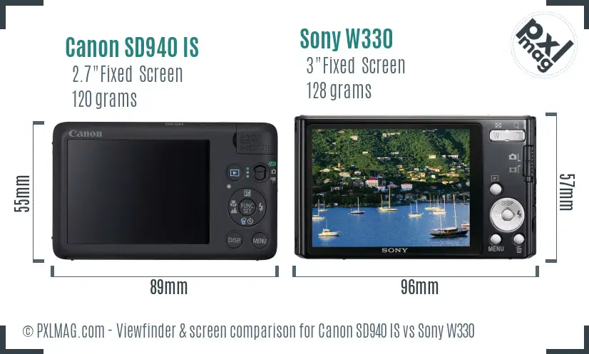 Canon SD940 IS vs Sony W330 Screen and Viewfinder comparison