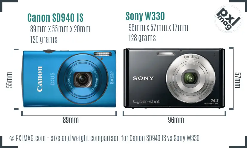 Canon SD940 IS vs Sony W330 size comparison