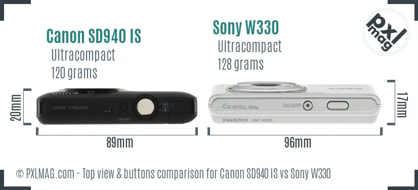 Canon SD940 IS vs Sony W330 top view buttons comparison