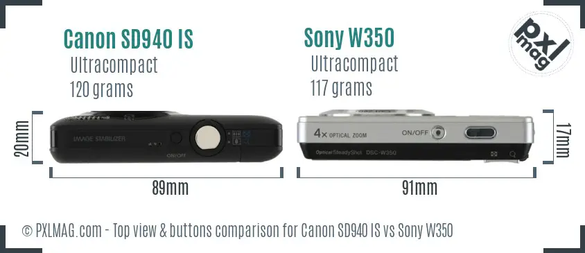 Canon SD940 IS vs Sony W350 top view buttons comparison