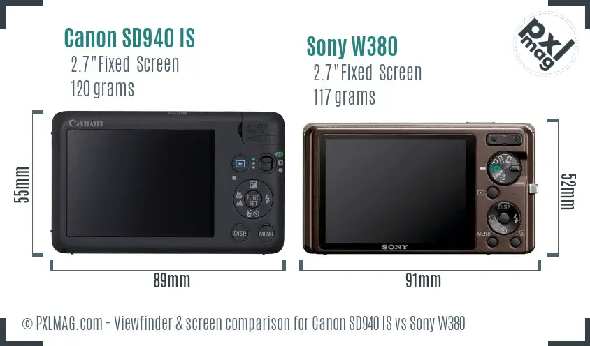 Canon SD940 IS vs Sony W380 Screen and Viewfinder comparison