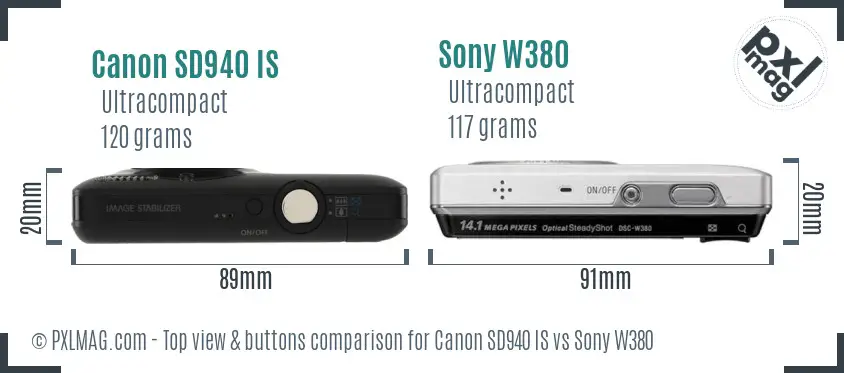 Canon SD940 IS vs Sony W380 top view buttons comparison