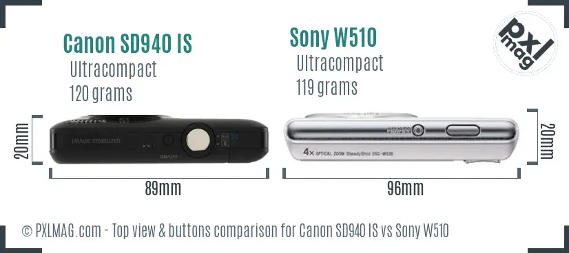 Canon SD940 IS vs Sony W510 top view buttons comparison