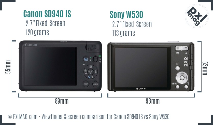 Canon SD940 IS vs Sony W530 Screen and Viewfinder comparison
