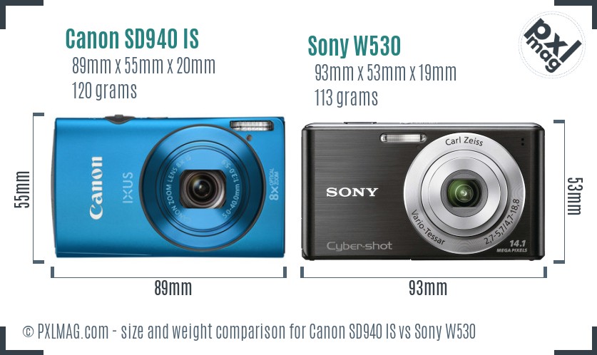 Canon SD940 IS vs Sony W530 size comparison