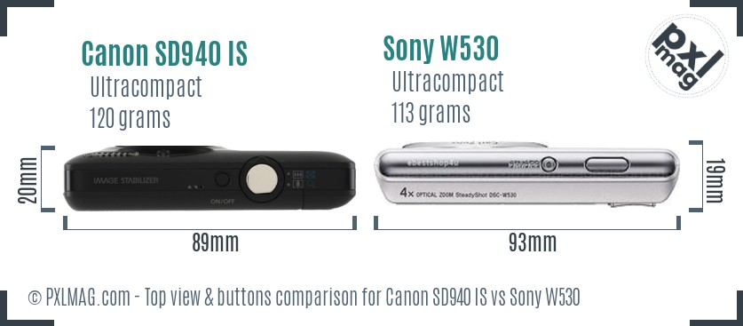 Canon SD940 IS vs Sony W530 top view buttons comparison