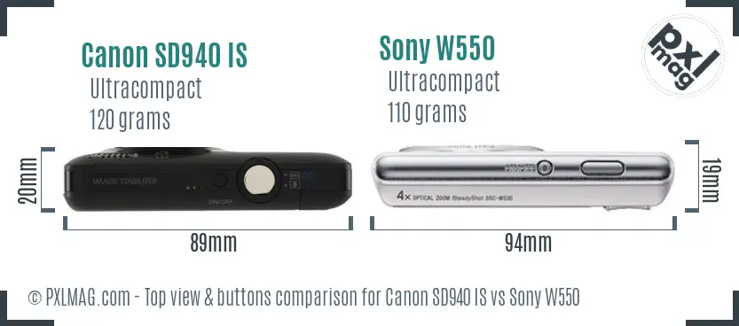 Canon SD940 IS vs Sony W550 top view buttons comparison