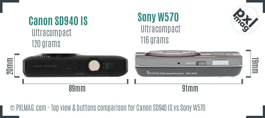 Canon SD940 IS vs Sony W570 top view buttons comparison