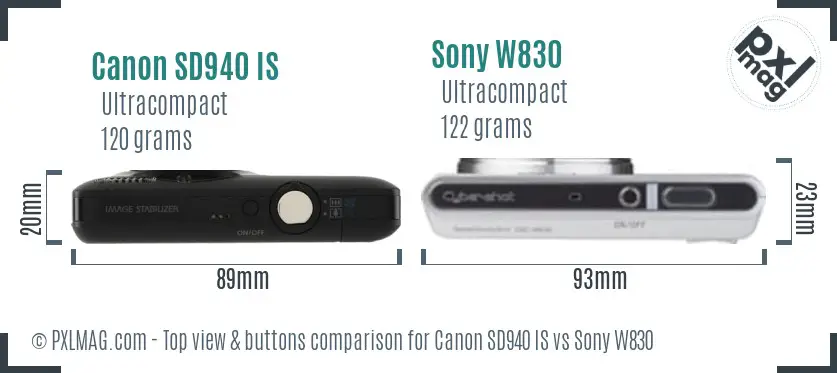 Canon SD940 IS vs Sony W830 top view buttons comparison