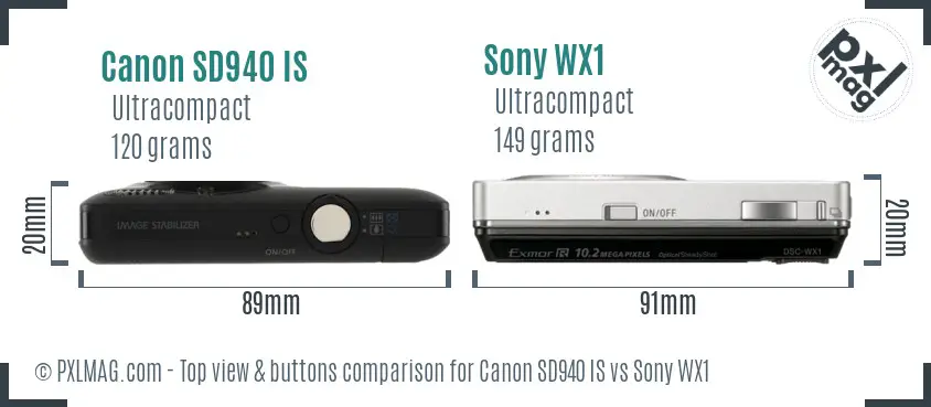 Canon SD940 IS vs Sony WX1 top view buttons comparison