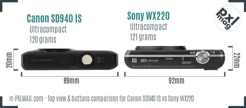 Canon SD940 IS vs Sony WX220 top view buttons comparison