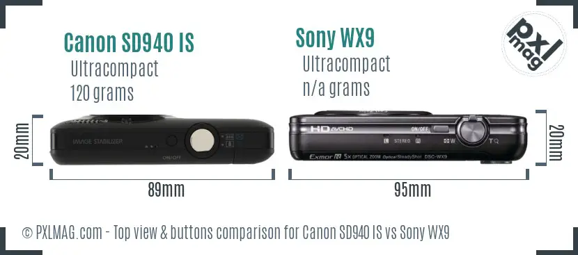 Canon SD940 IS vs Sony WX9 top view buttons comparison