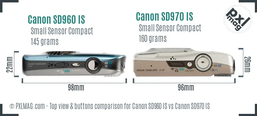 Canon SD960 IS vs Canon SD970 IS top view buttons comparison