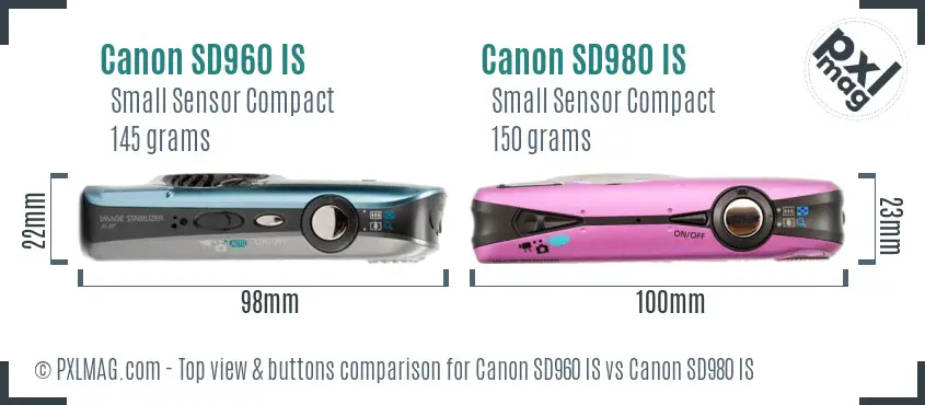 Canon SD960 IS vs Canon SD980 IS top view buttons comparison