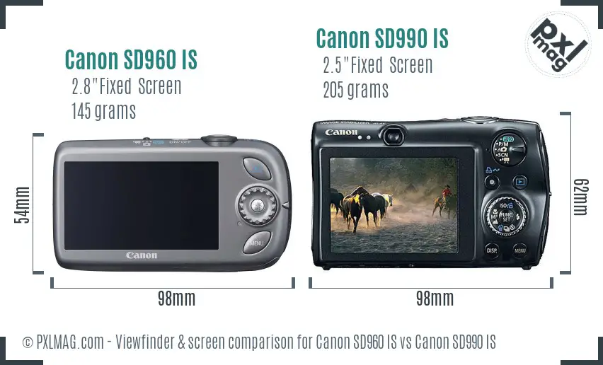 Canon SD960 IS vs Canon SD990 IS Screen and Viewfinder comparison
