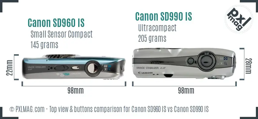 Canon SD960 IS vs Canon SD990 IS top view buttons comparison