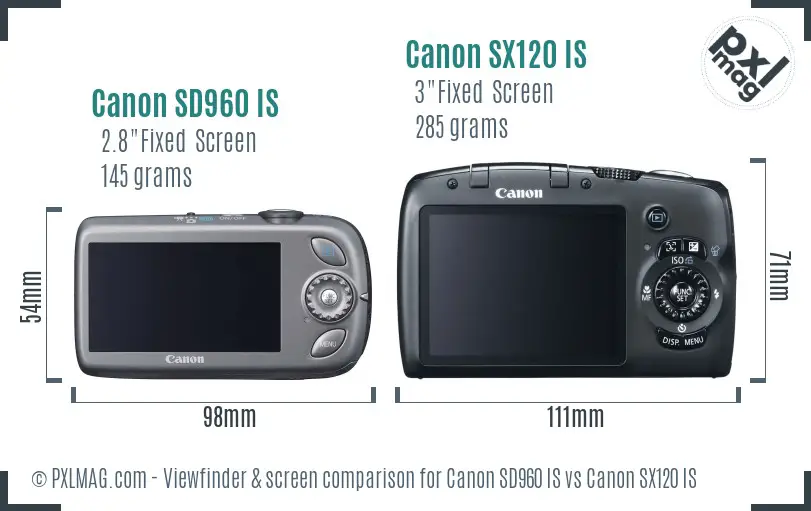 Canon SD960 IS vs Canon SX120 IS Screen and Viewfinder comparison