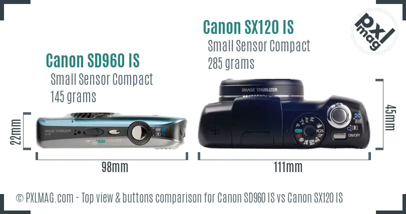 Canon SD960 IS vs Canon SX120 IS top view buttons comparison