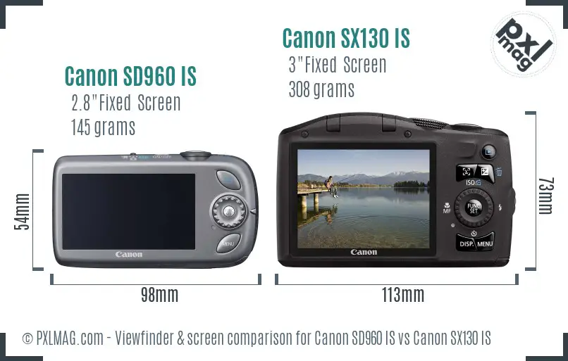Canon SD960 IS vs Canon SX130 IS Screen and Viewfinder comparison