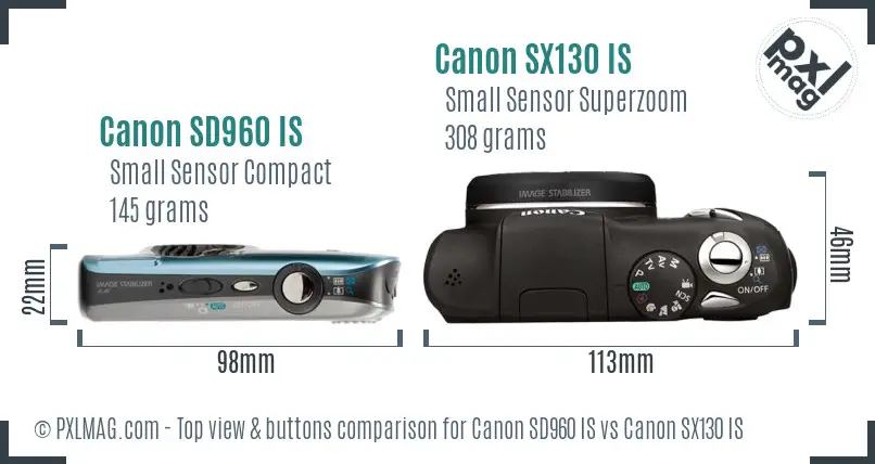 Canon SD960 IS vs Canon SX130 IS top view buttons comparison