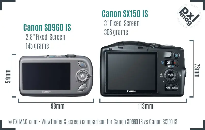 Canon SD960 IS vs Canon SX150 IS Screen and Viewfinder comparison