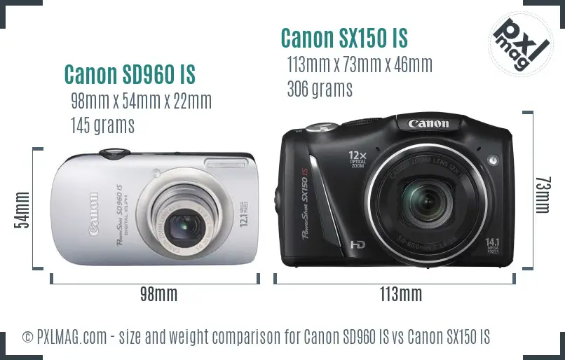 Canon SD960 IS vs Canon SX150 IS size comparison