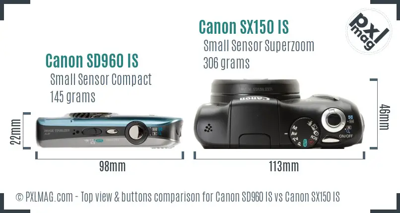 Canon SD960 IS vs Canon SX150 IS top view buttons comparison