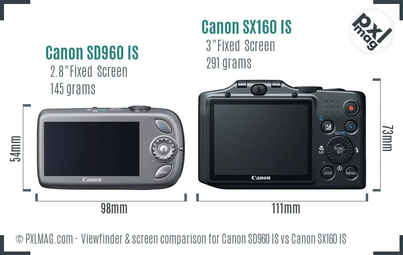 Canon SD960 IS vs Canon SX160 IS Screen and Viewfinder comparison