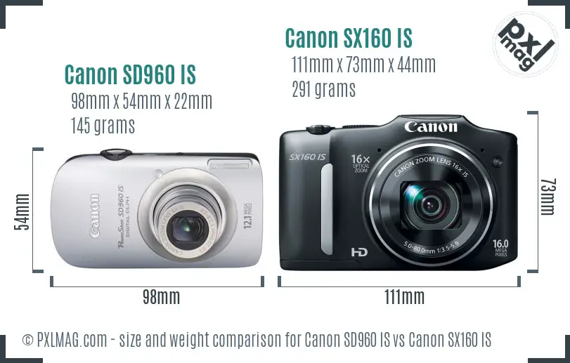 Canon SD960 IS vs Canon SX160 IS size comparison