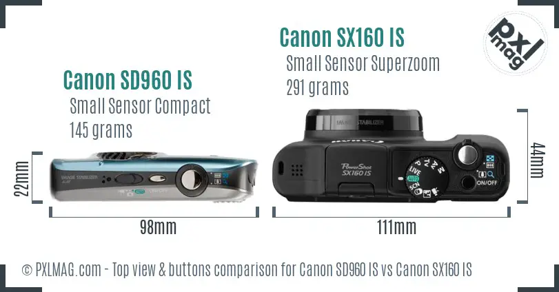 Canon SD960 IS vs Canon SX160 IS top view buttons comparison