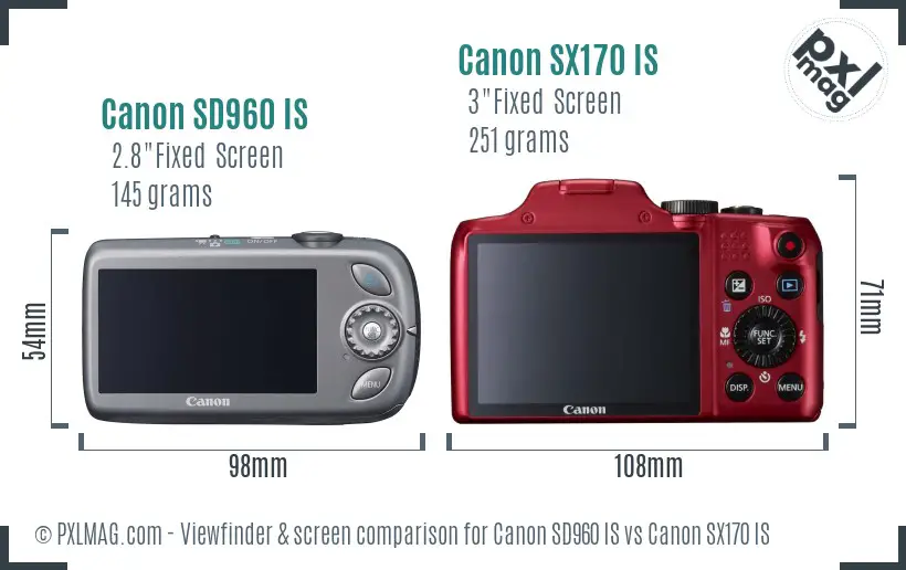 Canon SD960 IS vs Canon SX170 IS Screen and Viewfinder comparison
