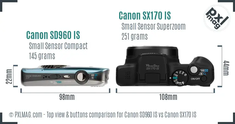 Canon SD960 IS vs Canon SX170 IS top view buttons comparison