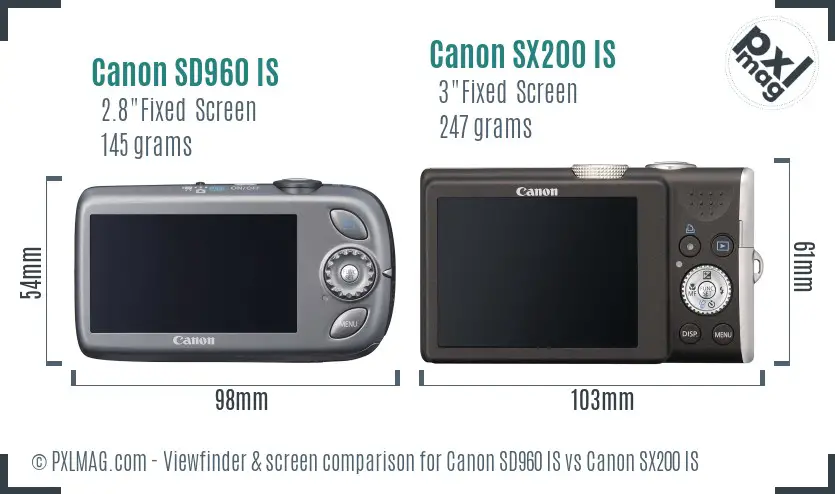 Canon SD960 IS vs Canon SX200 IS Screen and Viewfinder comparison