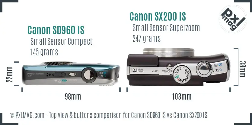 Canon SD960 IS vs Canon SX200 IS top view buttons comparison