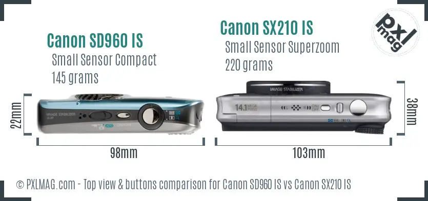 Canon SD960 IS vs Canon SX210 IS top view buttons comparison