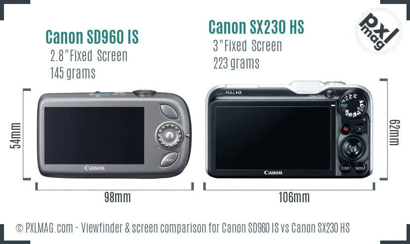 Canon SD960 IS vs Canon SX230 HS Screen and Viewfinder comparison