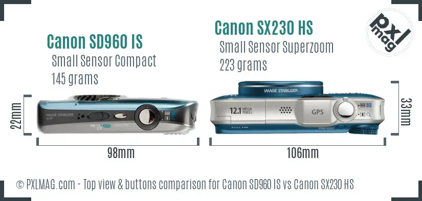 Canon SD960 IS vs Canon SX230 HS top view buttons comparison