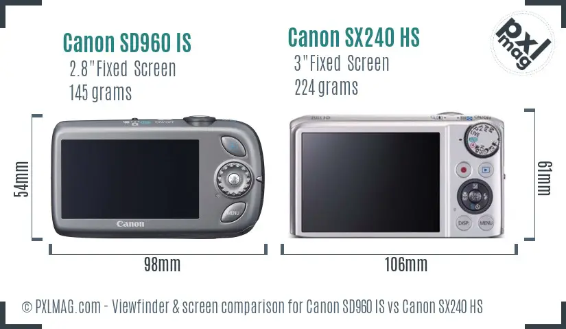 Canon SD960 IS vs Canon SX240 HS Screen and Viewfinder comparison