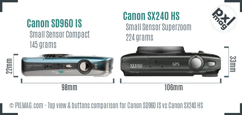 Canon SD960 IS vs Canon SX240 HS top view buttons comparison